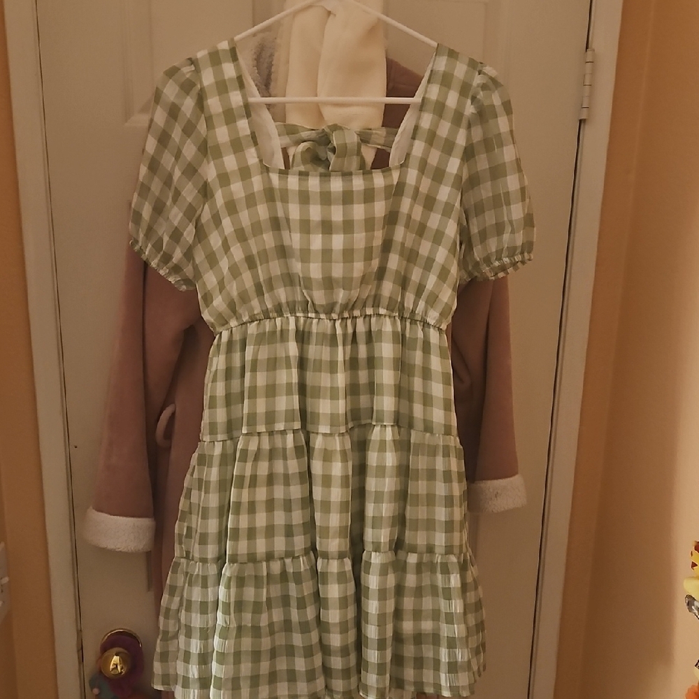 Mine Green Sundress with Puff Sleeves and Tiered Skirt